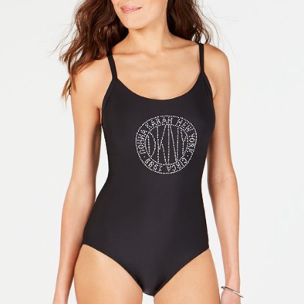 DKNY Rhinestone Logo One-Piece Swimsuit